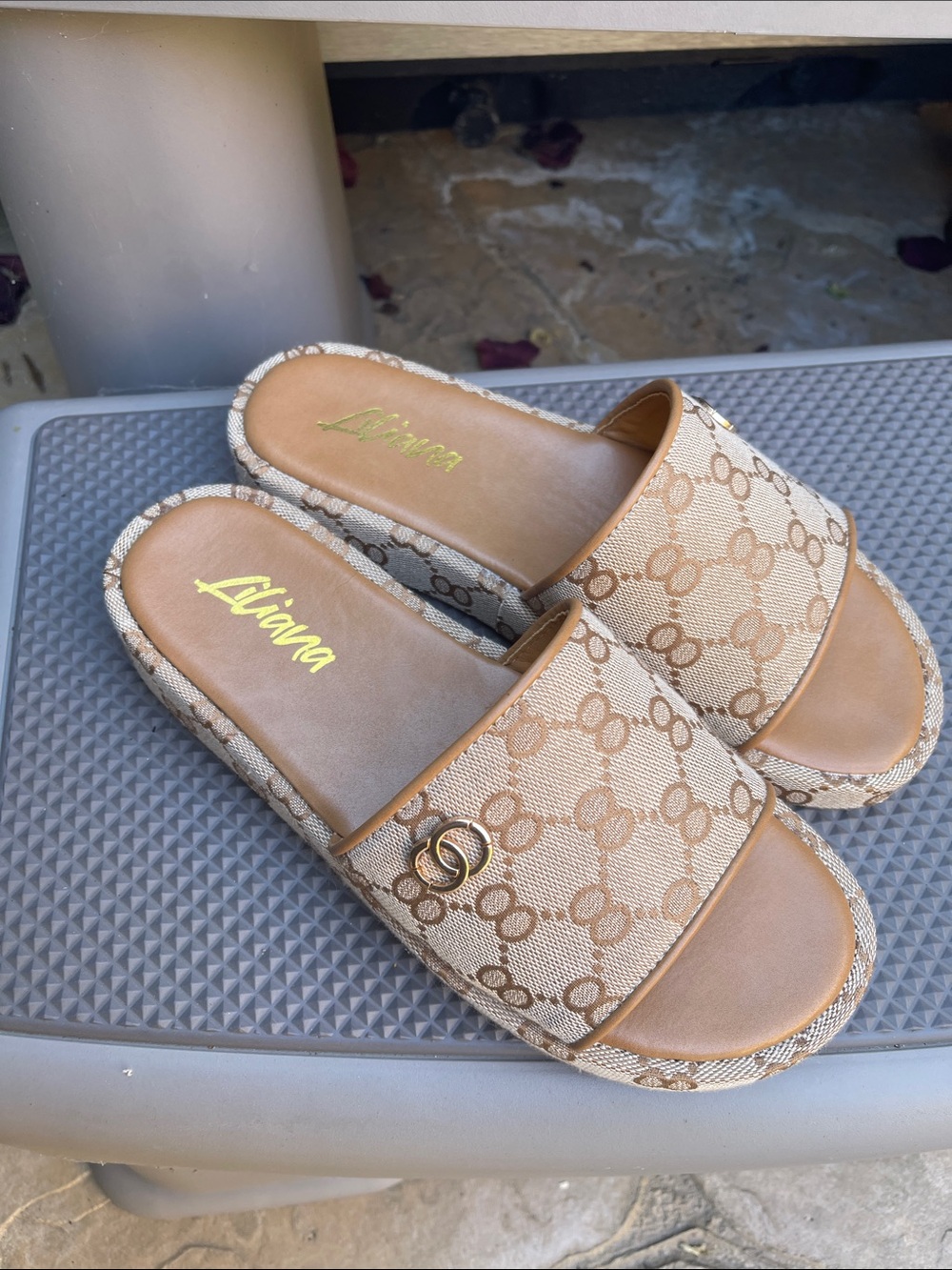 Shop Talulah Liliana Tan Patterned Canvas Slide Mules with Gold Logo Accent